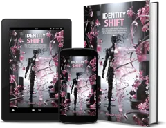 The book Identity Shift shown as a paperback, tablet and phone